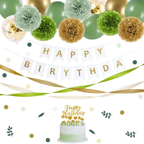 EASY JOY Sage green party decorations, Golden Happy Birthday banner, sage green and gold balloons, tissue paper pompons, olive green confetti dots decor, Neutral birthday party accessories.
