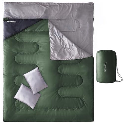 Tuphen Double Sleeping Bag, Sleeping Bag with 2 Pillows, Queen Size XL Bag for 2 People, Cold Warm Weather- 3 Season, Waterproof Adult Sleeping Bag for Camping, Backpacking or Hiking