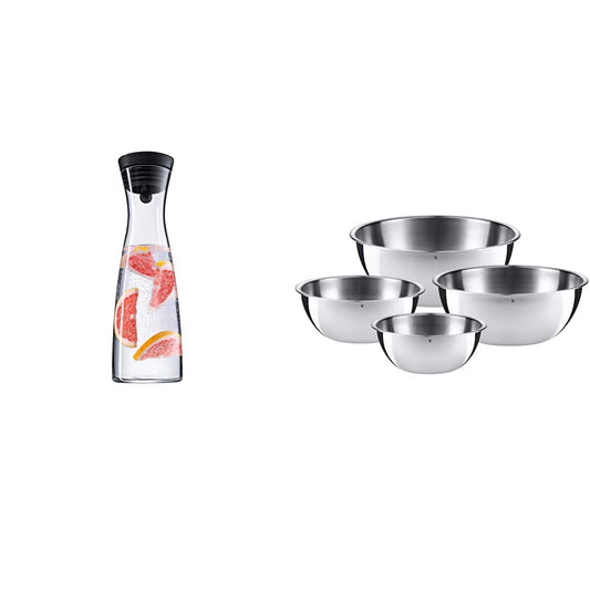WMF Basic Water Carafe 1.5 liter, glass carafe with lid, silicone cover, CloseUp closure & Gourmet Bowl Set 4-piece, stainless steel bowls for the kitchen 0.75l - 2.75l, mixing bowl.