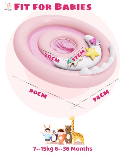 ANSTEN Baby Swimming Ring Pink, suitable for babies aged 6-36 months. With sunshade, detachable toys, and inflatable double ring chambers for water familiarization.