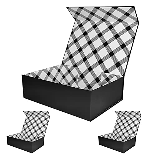 Tekhoho 3-Pack Black Large Gift Box 33x23.7x10 cm, Premium Gift Box with Magnetic Lid for Holidays Wedding Birthday Gift Packaging, Checked Inner Lining