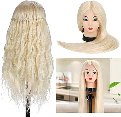 Practice Head, TopDirect 60cm/24 Inch 70% Real Hair Mannequin Head Wig Head Doll Head Hairdresser Head Training Heads with Stand + DIY Hair Accessories Styling, White