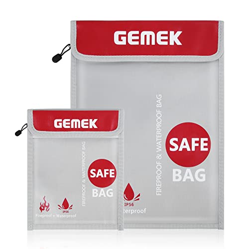 Fireproof waterproof money and document bag 38 x 28cm & 23 x 18cm set, GEMEK fire and water resistant storage bag for A4 A5 documents, cash, jewelry, passport, tablet, laptop (Silver)