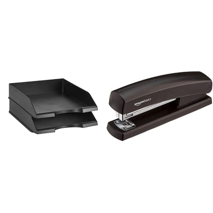 Amazon Basics 2-Pack Stackable Black Letter Trays & Stapler with 1,000 Staples, Black