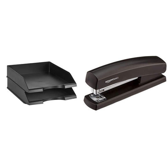 Amazon Basics 2-Pack Stackable Black Letter Trays & Stapler with 1,000 Staples, Black