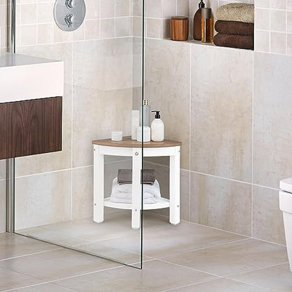 RELAX4LIFE corner shower bench, HDPE shower stool with storage, bathroom footrest for small spaces, waterproof shower stool up to 150kg capacity, 2-tier organizer for indoor showers, brown + white.