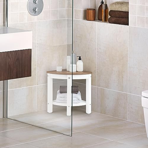 RELAX4LIFE corner shower bench, HDPE shower stool with storage, bathroom footrest for small spaces, waterproof shower stool up to 150kg capacity, 2-tier organizer for indoor showers, brown + white.
