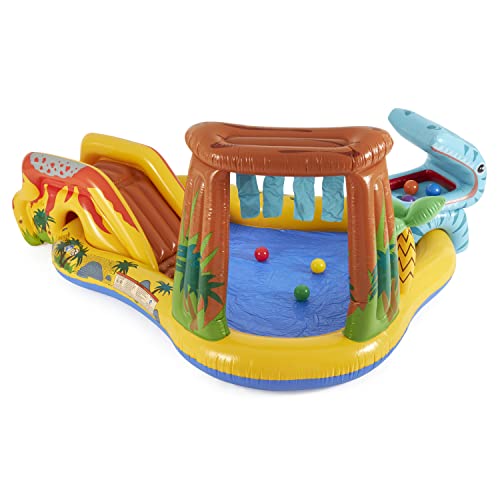 Intex Dinosaur Water Sprayer Play Center measuring 20 x 1.2 m, inflatable kids pool with colorful Fun Ballz, 100 pieces.