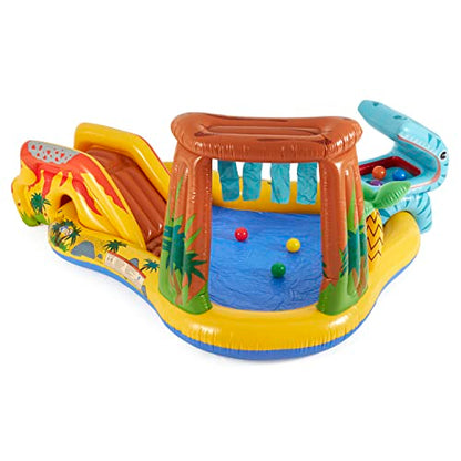 Intex Dinosaur Water Sprayer Play Center measuring 20 x 1.2 m, inflatable kids pool with colorful Fun Ballz, 100 pieces.