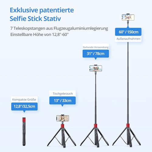 ATUMTEK Selfie Stick 150CM 3 in 1 Selfie Stick Bluetooth Telescopic Selfie Stick Tripod with Detachable Remote Phone Tripod for iPhone 13 Pro Max, Samsung, and other smartphones Red