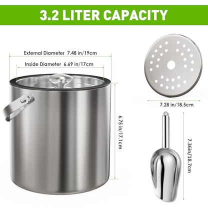 3.2L Insulated Ice Bucket with Silicone Lid, Tongs, and Strainer