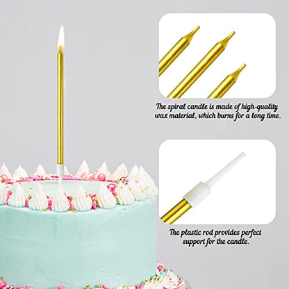 DONQL Birthday Candles, tall cake candles, long birthday candles, thin cupcake candles with holders for birthday cake, baby shower, cakes, wedding, party decoration (24 pieces, gold)