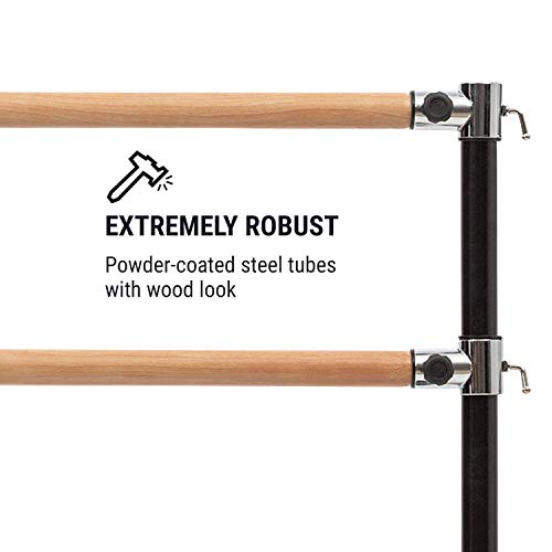 Klarfit Ballet Barre, Free-standing ballet barre for home, barre, dance pole for ballet, movement training & stretching, mobile ballet barre, steel pipes with wood look, 2x38mm Ø, 110x113cm, black