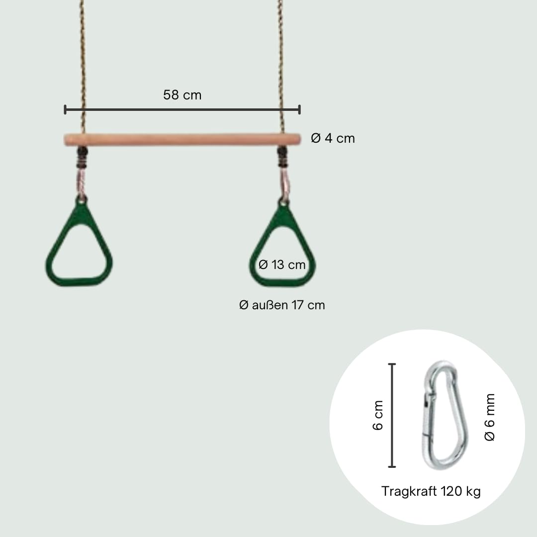 h2i Trapeze Swing with Gymnastic Rings | Wooden Trapeze Bar with Ropes & Carabiner | Plastic Gymnastic Rings in Green | Kids Swing for Outdoor & Indoor Use | Children's Gymnastics Equipment