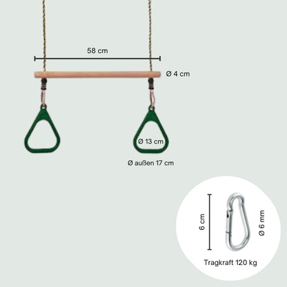 h2i Trapeze Swing with Gymnastic Rings | Wooden Trapeze Bar with Ropes & Carabiner | Plastic Gymnastic Rings in Green | Kids Swing for Outdoor & Indoor Use | Children's Gymnastics Equipment