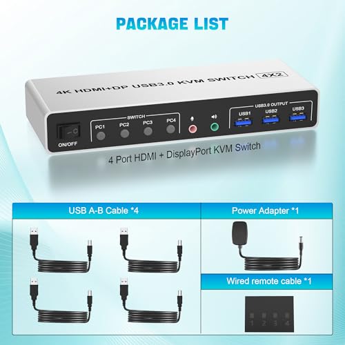 USB 3.0 Displayport+HDMI KVM switch for 4 PCs and 2 monitors at 4K@60Hz. Dual monitor KVM switches with 3 USB devices, allowing 4 computers to share 2 monitors with 1 set of mouse, keyboard, U-disk, and printer.