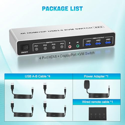 USB 3.0 Displayport+HDMI KVM switch for 4 PCs and 2 monitors at 4K@60Hz. Dual monitor KVM switches with 3 USB devices, allowing 4 computers to share 2 monitors with 1 set of mouse, keyboard, U-disk, and printer.
