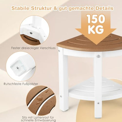 RELAX4LIFE corner shower bench, HDPE shower stool with storage, bathroom footrest for small spaces, waterproof shower stool up to 150kg capacity, 2-tier organizer for indoor showers, brown + white.