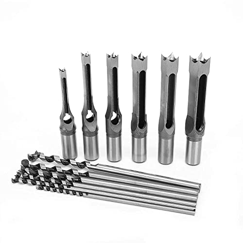 Square Hole Drill Bit Wood, 6 Pcs Square Hole Drill Bit Set Steel Woodworking Tools Spiral Drill Kits for Woodworking 6.35mm/8mm/9.5mm/12.7mm/14mm/16mm
