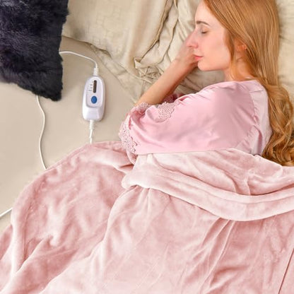 HOMASIS Electric Heated Blanket, with automatic shut-off, 4 heat settings, 8-hour timer, PTC/NTC overheat protection, remote control, machine washable Flannel Warming Blanket (Pink, 130x180cm)