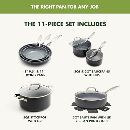 GreenPan Valencia Pro Hard-Anodized Healthy Ceramic Nonstick 11-Piece Cookware Set, Pots and Pans, PFAS-Free, Includes Skillets, Saute Pans, Induction, Dishwasher Safe, Oven Safe, Gray
