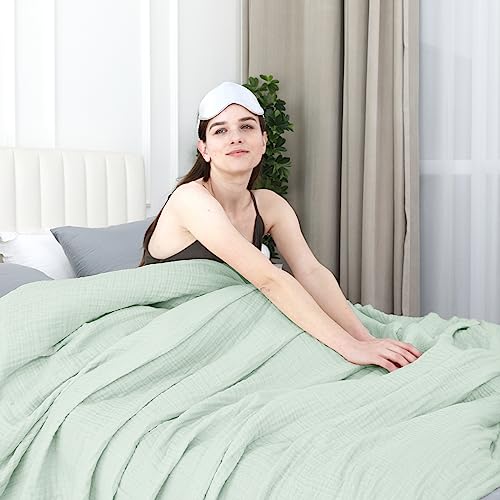 100% cotton muslin blanket 130x150cm, 4-layer soft skin-friendly & breathable bedspread, year-round comfort sage green sofa throw couch cover for bed sofa, Matcha green