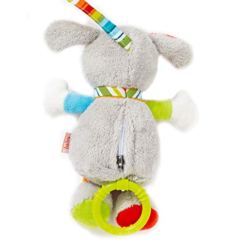 Fehn 086102 Mini music box dog / cuddly toy with integrated music box playing gentle melody "Mozart's Lullaby" to hang on stroller, infant car seat, or crib, for babies and toddlers from 0+ months.