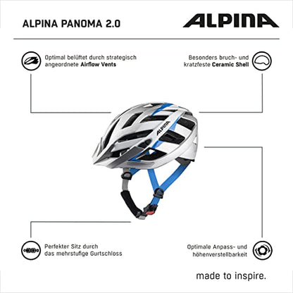 ALPINA PANOMA - Reflective & Well-Ventilated Bike Helmet with Insect Net & Upgradable LED for Adults, Silver-White Cyan, S (52-57 cm)