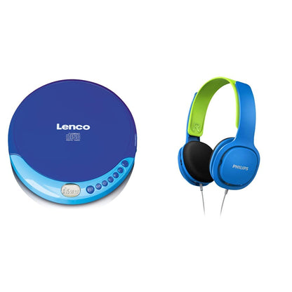 Lenco CD-011 Portable CD Player Walkman - Diskman - CD Walkman - Blue & Philips SHK2000BL/00 Over Ear Kids Headphones, Colored LED Lights, 85dB Volume Limitation, Noise Isolating