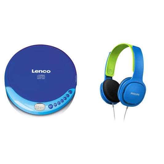 Lenco CD-011 Portable CD Player Walkman - Diskman - CD Walkman - Blue & Philips SHK2000BL/00 Over Ear Kids Headphones, Colored LED Lights, 85dB Volume Limitation, Noise Isolating