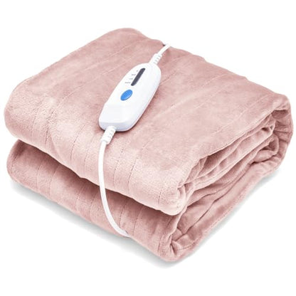 HOMASIS Electric Heated Blanket, with automatic shut-off, 4 heat settings, 8-hour timer, PTC/NTC overheat protection, remote control, machine washable Flannel Warming Blanket (Pink, 130x180cm)