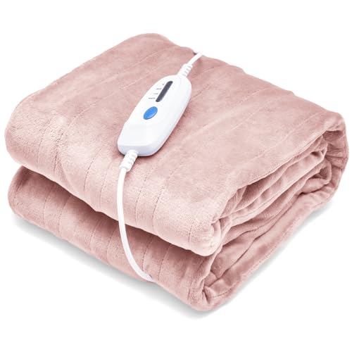 HOMASIS Electric Heated Blanket, with automatic shut-off, 4 heat settings, 8-hour timer, PTC/NTC overheat protection, remote control, machine washable Flannel Warming Blanket (Pink, 130x180cm)
