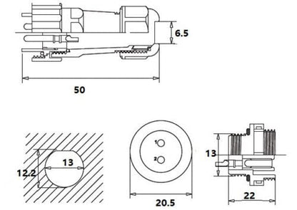 230V 12V IP68 13mm 2-way, 2-Pin, circular plug, socket, connector set with cover, watertight plug connection, waterproof connector for garden boat car max. 6.5mm cable diameter (3 sets / 2-Pin)