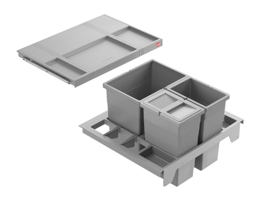 Hailo Separato K Kitchen Waste Bin | 3-fold waste separation system for fitted kitchens | 34-liter total volume | Robust grey plastic | For cabinets from 60 cm wide | Integrated lid