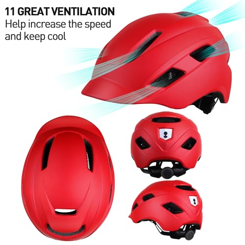 Adult bike helmet with visor and LED, 21 ventilation openings, women's bike helmet, mountain and road bike helmet for men and women, adjustable size 57-61 cm (Red)