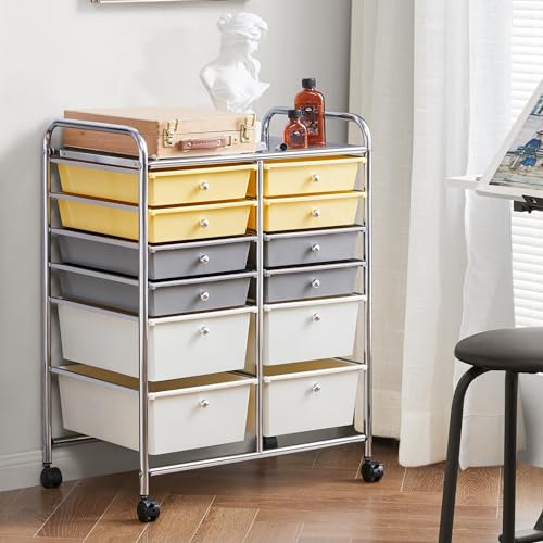 Yaheetech Kitchen Trolley on Wheels, Rolling Kitchen Cart with 12 Stackable Drawers, Utility Cart for Bathroom, Kitchen, Office, Makeup, 63 × 38.5 × 82 cm, Yellow/Gray/Beige.