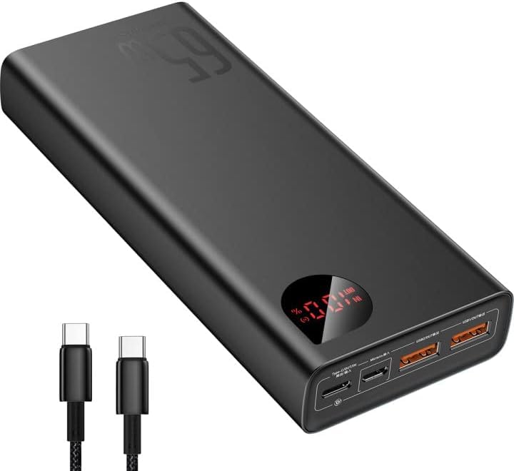 Baseus Power Bank, 65W 20000mAh Powerbank fast charging USB C 4-Port PD3.0 External Battery for MacBook Dell XPS iPad iPhone 15 14 13 12 Pro Mini Samsung Switch