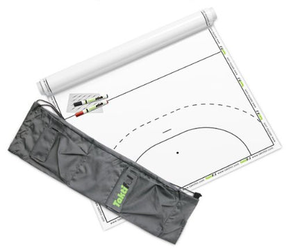 Taktifol Handball Starter Set - includes roll with 25 sheets (handball field), 2 markers (black & red), wiping cloth, and carrying bag. Self-adhesive, rewritable coaching film.
