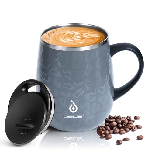 Ideus Coffee Cup 470 ml (16 oz), double-walled vacuum insulated coffee and tea mug made of stainless steel with non-slip handle and sliding lid with large capacity (Leopard Gray)