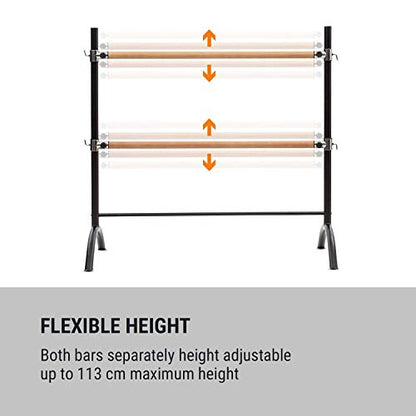 Klarfit Ballet Barre, Free-standing ballet barre for home, barre, dance pole for ballet, movement training & stretching, mobile ballet barre, steel pipes with wood look, 2x38mm Ø, 110x113cm, black