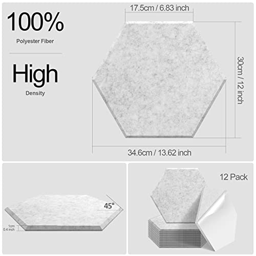 JBER Hexagon Acoustic Panels, soundproof foam panels, self-adhesive, 35.6 x 30.5 x 1cm, high-density sound-absorbing panels for acoustic treatment, home office, 12 pieces - silver gray