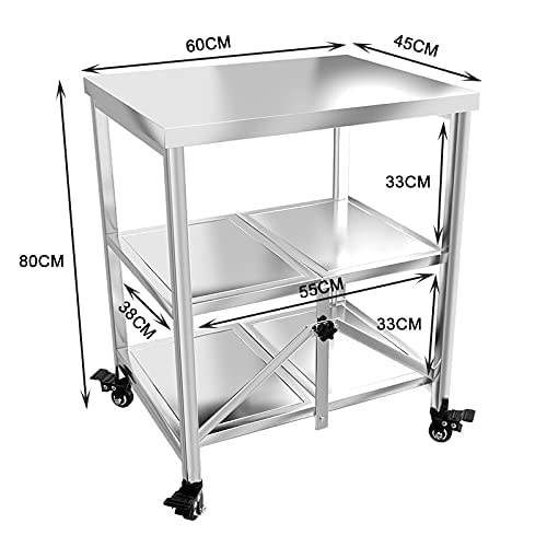 AMSXNOO Stainless Steel Serving Cart, 3 Tier Foldable Serving Cart Stainless Steel Trolley Kitchen Table with 4 Wheels Stainless Steel Food Preparation Table Microwave Holder Space-saving for Kitchen.