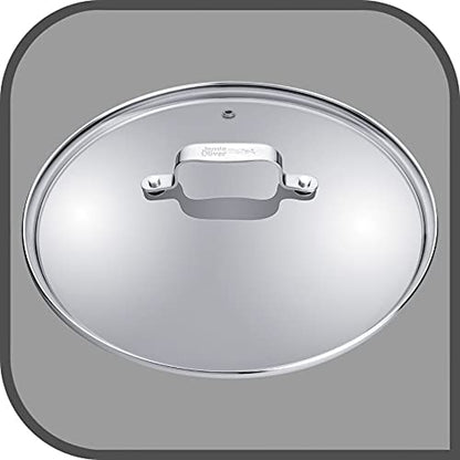 Jamie Oliver by Tefal pan and pot lid 28cm, glass lid with stainless steel rim, steam vent, overflow protection, dishwasher safe, exclusive Jamie Oliver engraving on the lid handle, B89987