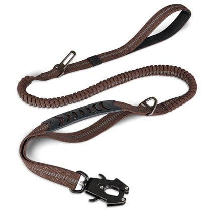 Joytale Tactical Dog Leash, 1.2m-1.8m Bungee Dog Leash Reflective with 2 Padded Handles, Car Safety Belt, No-Pull Dog Leash for Medium, Large, X-Large Dogs, Brown