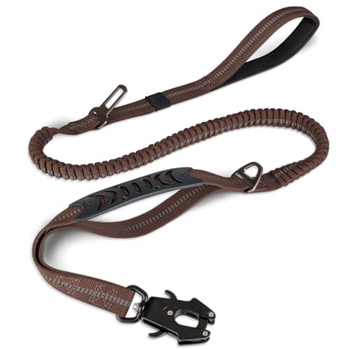 Joytale Tactical Dog Leash, 1.2m-1.8m Bungee Dog Leash Reflective with 2 Padded Handles, Car Safety Belt, No-Pull Dog Leash for Medium, Large, X-Large Dogs, Brown