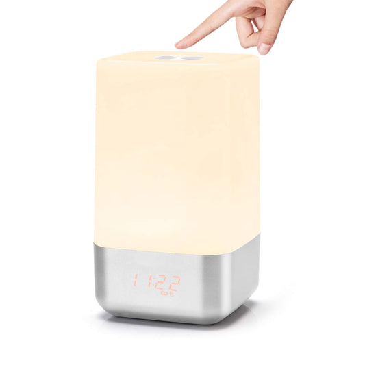 Wake-up light alarm clock, Finether Sunrise alarm clock with 5 nature sounds, USB rechargeable night light touch control lamp.