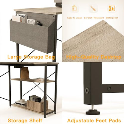 BEXEVUE corner desk with power strip - 120x70 cm. Ergonomic small L-shaped shelves, reversible PC corner desk computer desk, corner gaming table for study work at home bedroom.