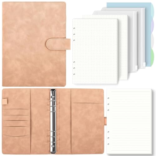 SKYDYE A5 ring binder, refillable A5 ring binder, 135 sheets of A5 refill paper, A5 notebook with binder pockets, A5 binder for school notes and travel diaries (pink)