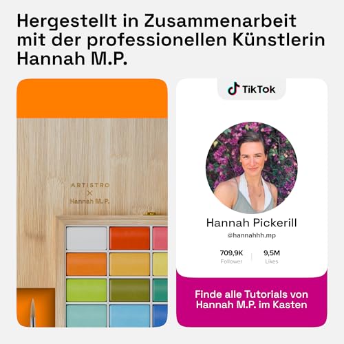 Artistro x HANNAH M.P Watercolor Paint Set, limited edition, 24 colors in bamboo wooden box (6 ml XL pans) - 2 brushes, watercolor paper, mixing palette - Travel watercolor set for beginners and professionals.