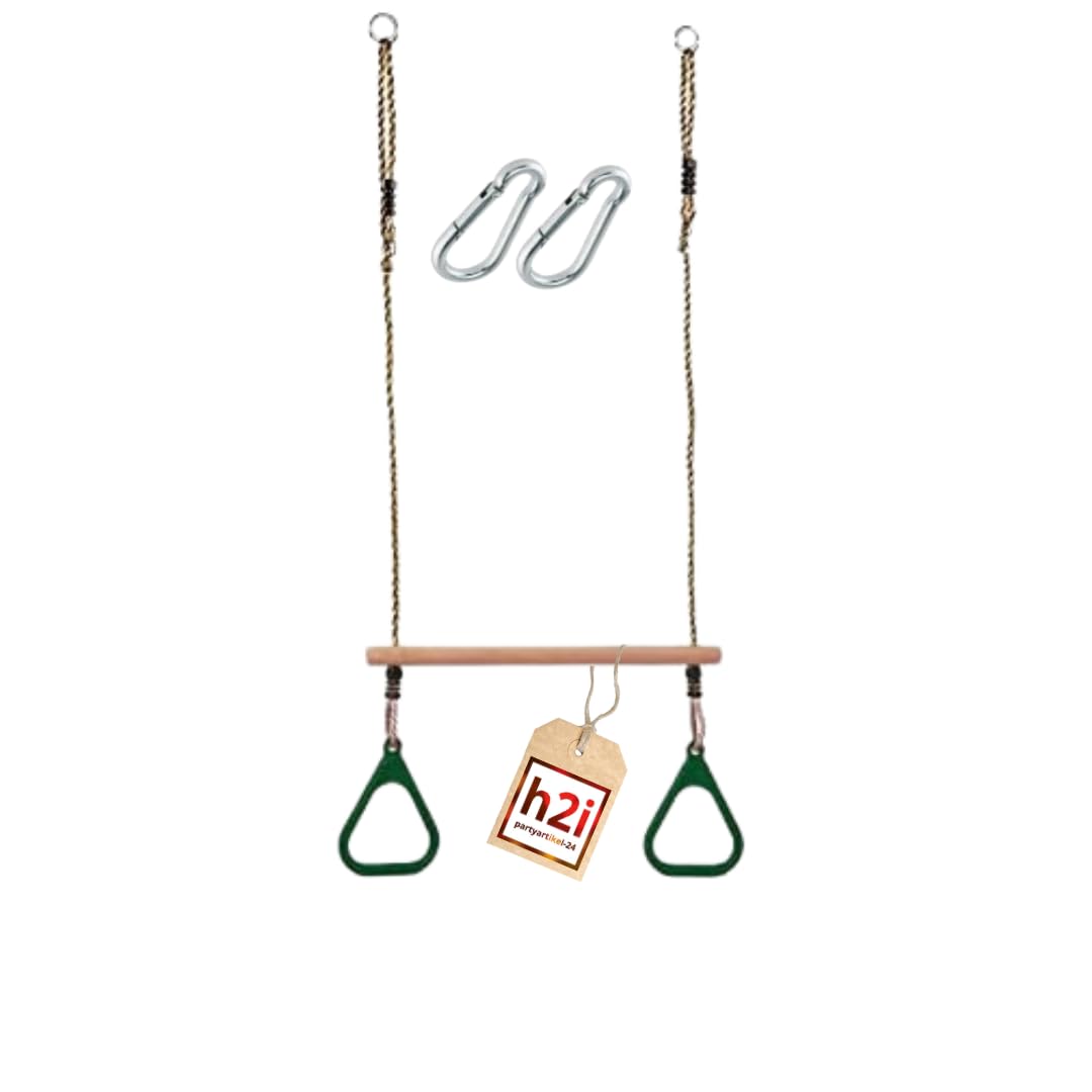 h2i Trapeze Swing with Gymnastic Rings | Wooden Trapeze Bar with Ropes & Carabiner | Plastic Gymnastic Rings in Green | Kids Swing for Outdoor & Indoor Use | Children's Gymnastics Equipment
